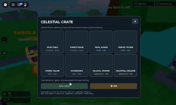 Huss Valley Celestial Crate screen listing eight knives with rarity and percent chances
