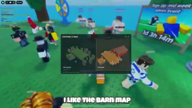 Huss Valley Choose a Map window showing The Valley and The Barn, with creator caption I like the Barn map