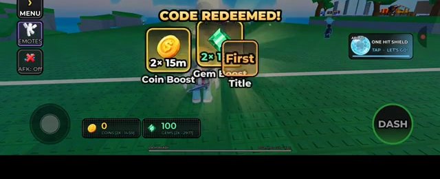 Huss Valley CODE REDEEMED panel with Coin Boost 2x 15m, Gem Boost and a Title card reading First