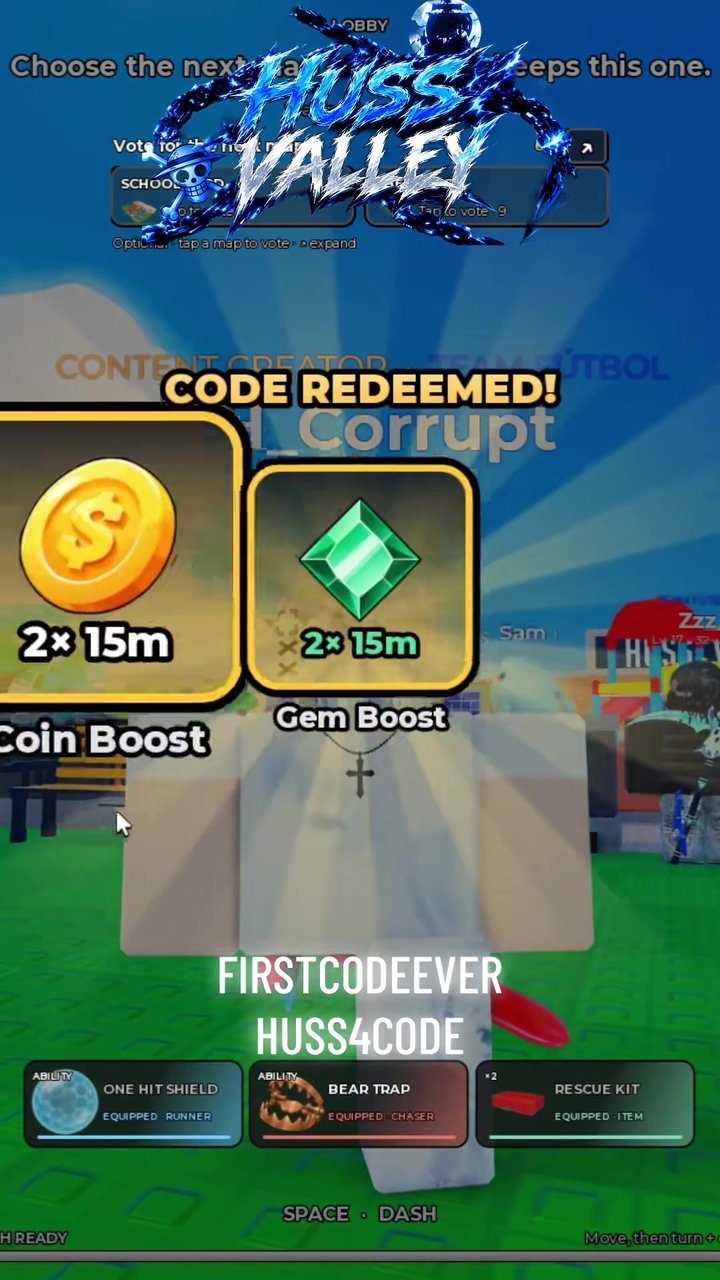 Huss Valley CODE REDEEMED panel with Coin Boost 2x 15m and Gem Boost 2x 15m