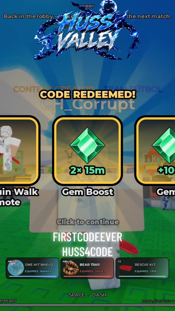 Huss Valley CODE REDEEMED panel with an emote card cut off, Gem Boost 2x 15m and a cut-off Gems card