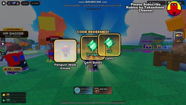 Huss Valley CODE REDEEMED panel showing a Penguin Walk Emote card, Gem Boost 2x 15m and a Gems card