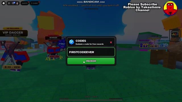Huss Valley CODES window with FIRSTCODEEVER typed and a green Redeem button