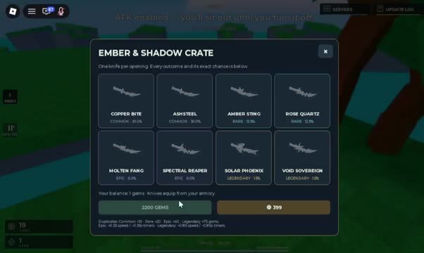 Huss Valley Ember & Shadow Crate screen listing eight knives with rarity and percent chances
