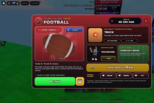 Huss Valley Football bundle window with a countdown, Truck ability, Touchdown emote and a 1,440 price button