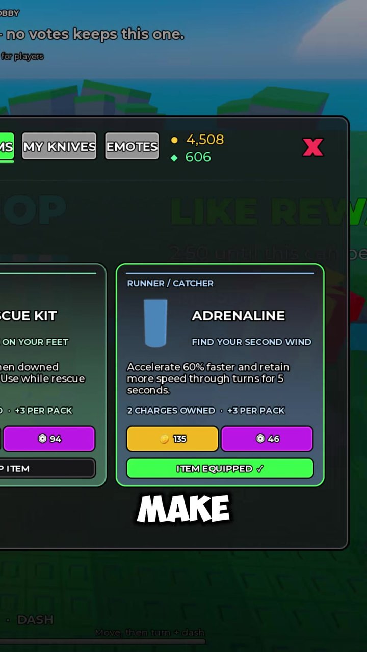 Huss Valley Items shop showing the Adrenaline card with 135 and 46 price buttons