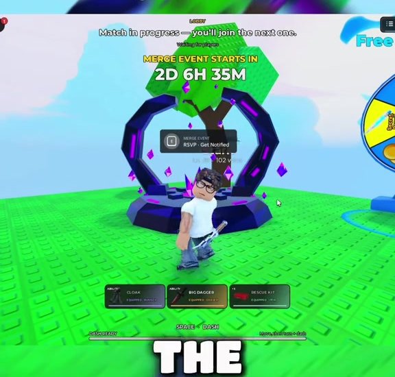 Huss Valley lobby portal with a banner Merge Event starts in 2D 6H 35M and an RSVP Get Notified button