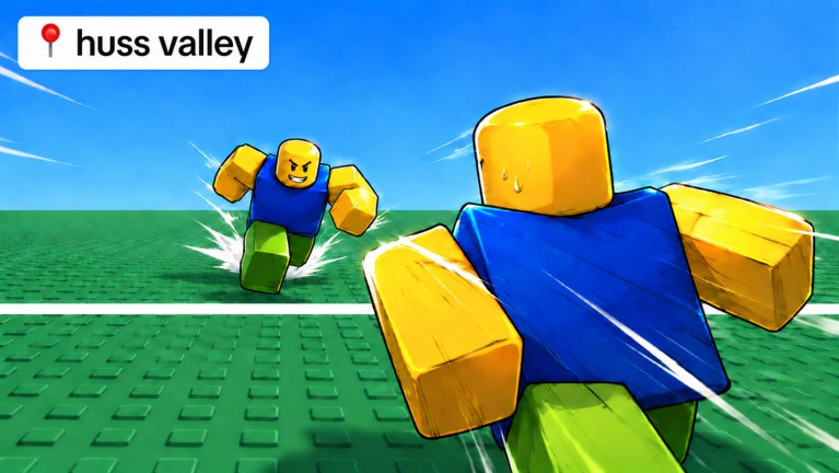 Huss Valley Roblox game thumbnail: two Roblox noobs running across a green field