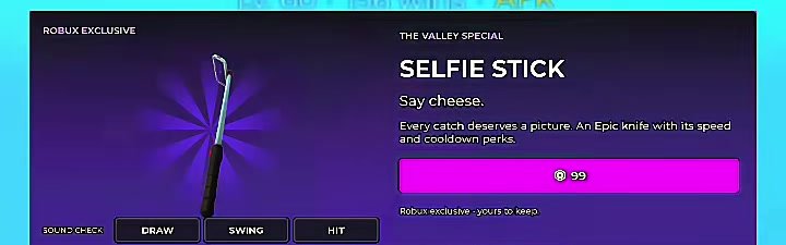 Huss Valley Selfie Stick knife card tagged Robux Exclusive with a 99 price button