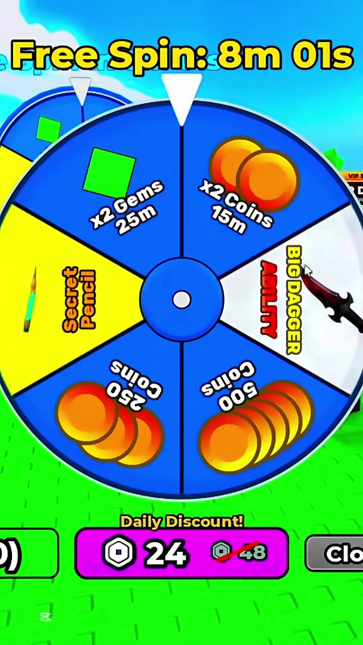 Huss Valley spin wheel slots x2 Gems 25m, x2 Coins 15m, Big Dagger, 500 Coins, 250 Coins, Secret Pencil