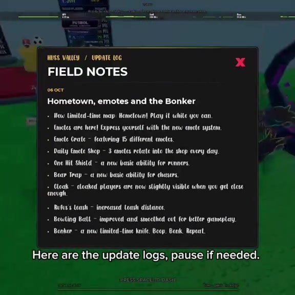 Huss Valley Update Log window titled Field Notes, entry 06 Oct, Hometown, emotes and the Bonker